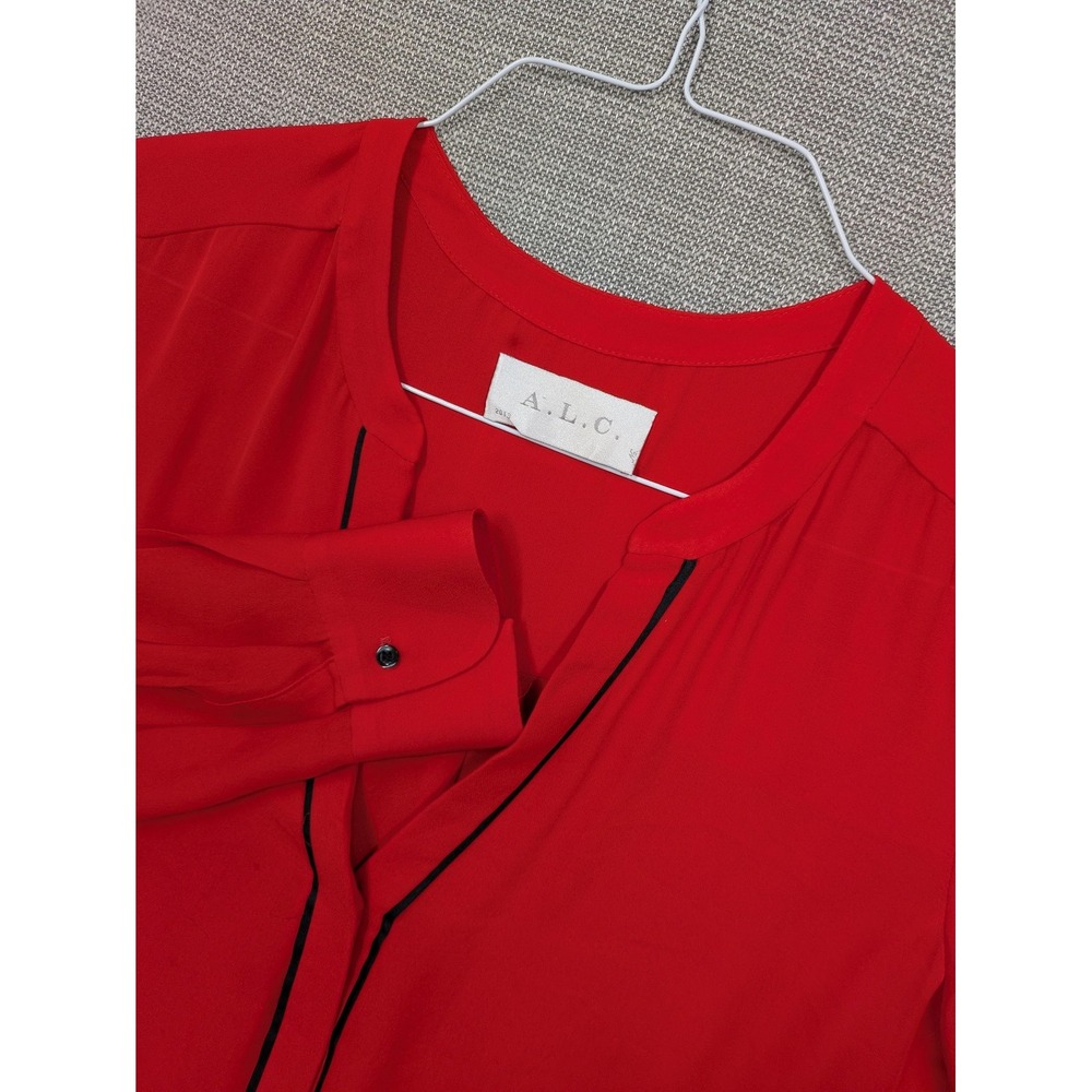 A.L.C. Blouse Womens Small Red Silk V Neck Long Sleeve Contrast Piping Cuffs